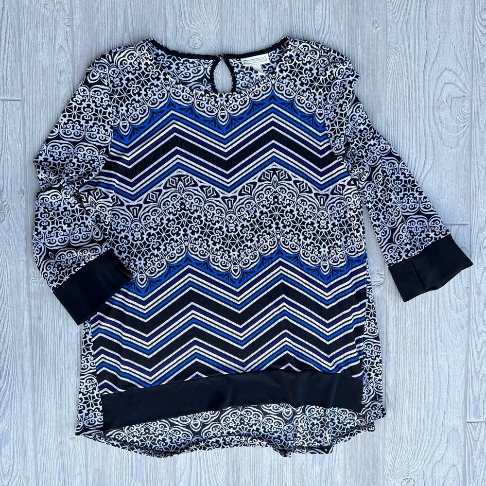 Dana Buchman Blue Black Chevron Boho Tunic Blouse XL | Flowy Hi-Low 3/4 Sleeve